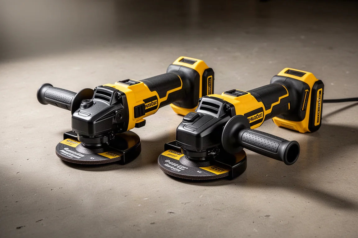 Two DeWalt FlexVolt Advantage cordless angle grinders side by side on concrete