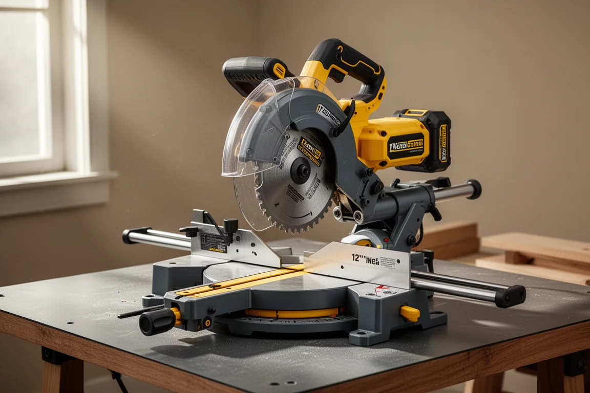 DeWalt FlexVolt 12-inch cordless sliding compound miter saw on a workbench
