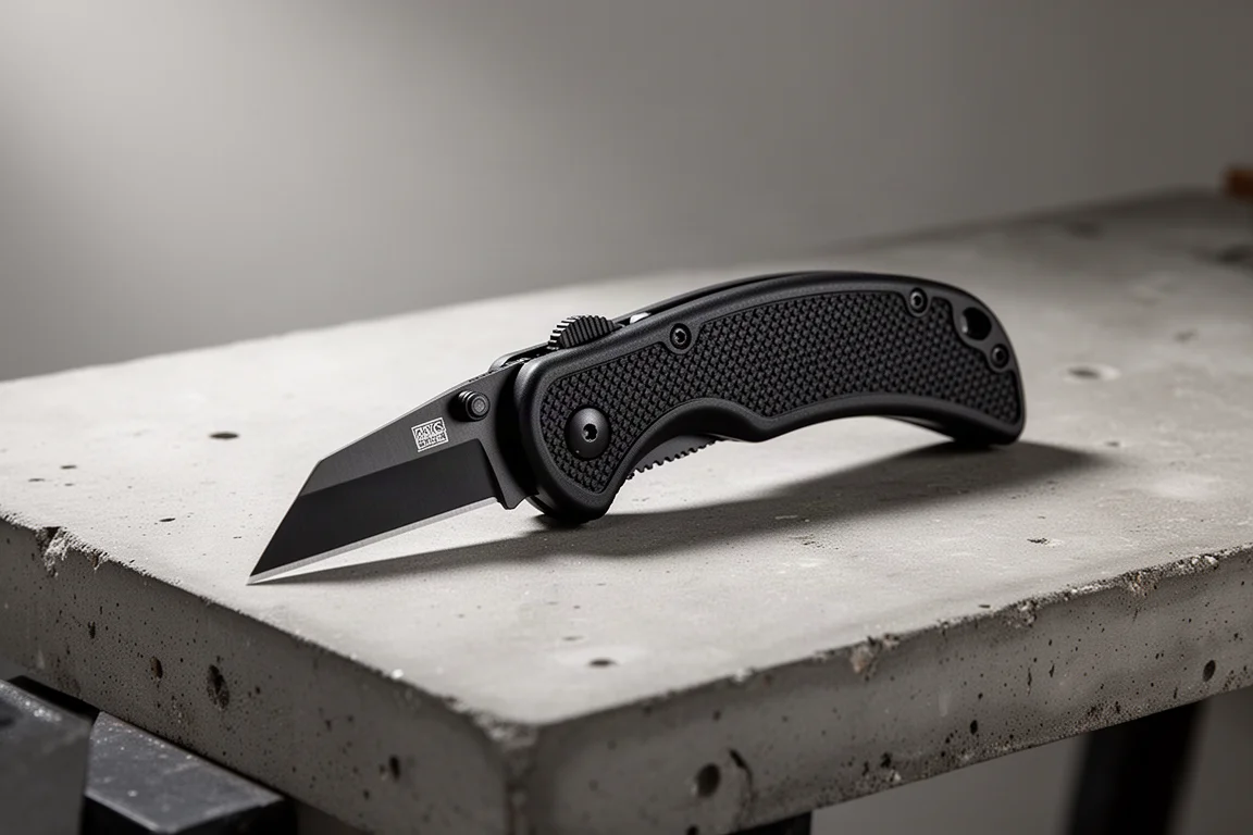 Black folding utility knife half-open on a concrete workbench