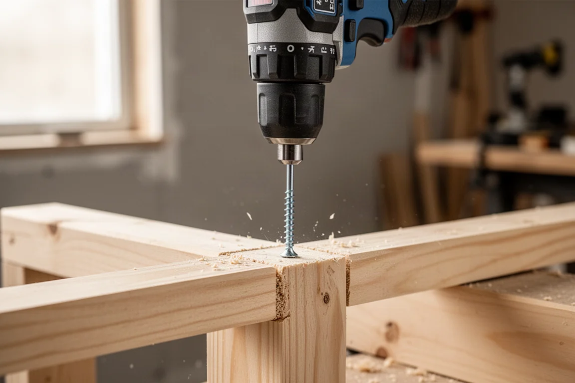Impact driver driving a drywall screw into a wood stud on a job site