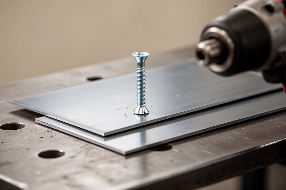Self-tapping screw being driven into thin sheet metal