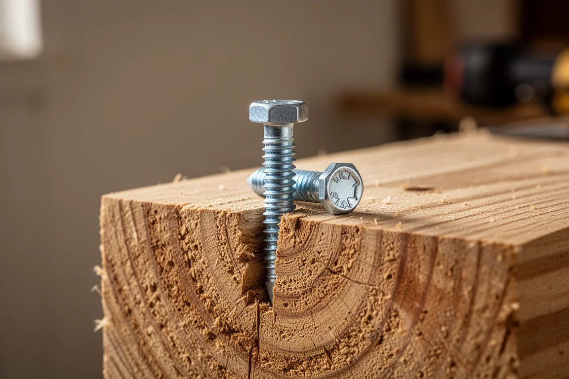 Structural lag bolt partially driven into dense construction lumber