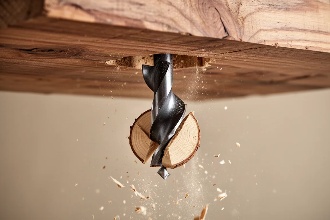 Self-feeding spade bit drilling a large clean hole in thick lumber