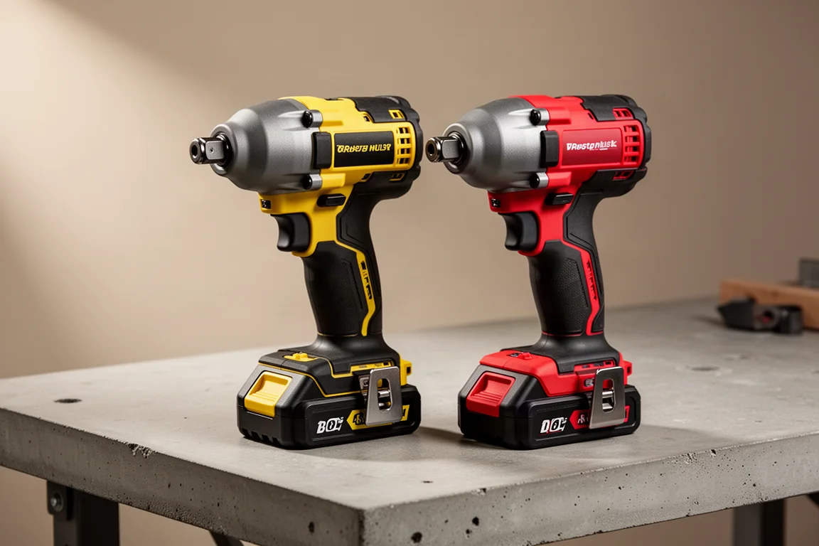 Two cordless hydraulic impact drivers side by side on a concrete workbench