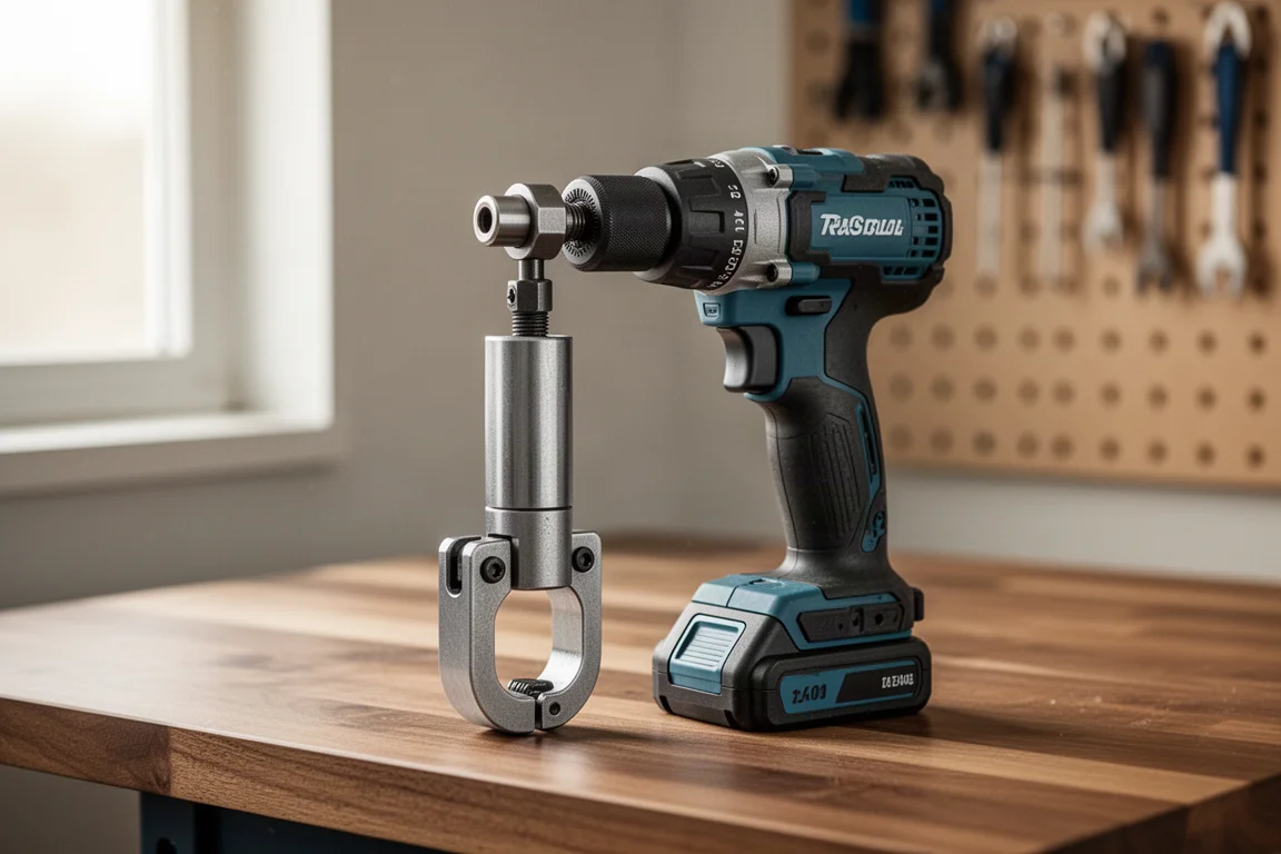 Impact driver fitted with a pipe cutter attachment resting on a workshop bench