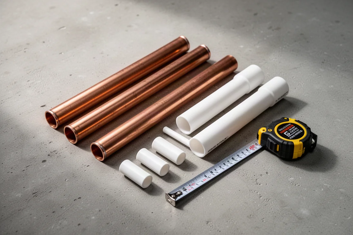 Copper and plastic pipes laid out on a workbench in a workshop setting