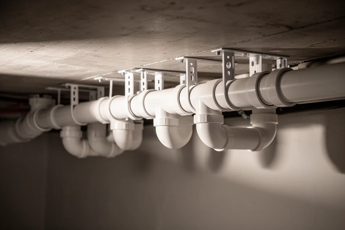 White plastic plumbing pipe installed along a basement ceiling