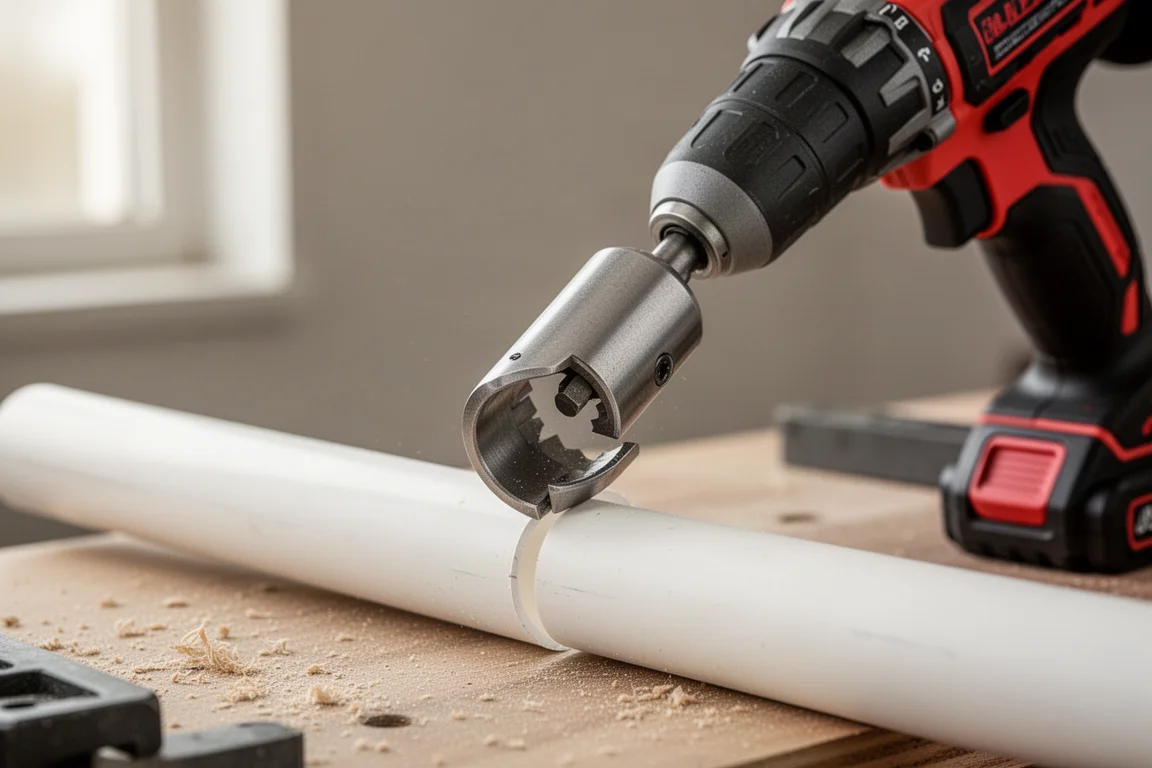 Parafusadeira de impacto com acessório cortador de tubo cortando uma seção de tubo branco de PVC sobre uma bancada