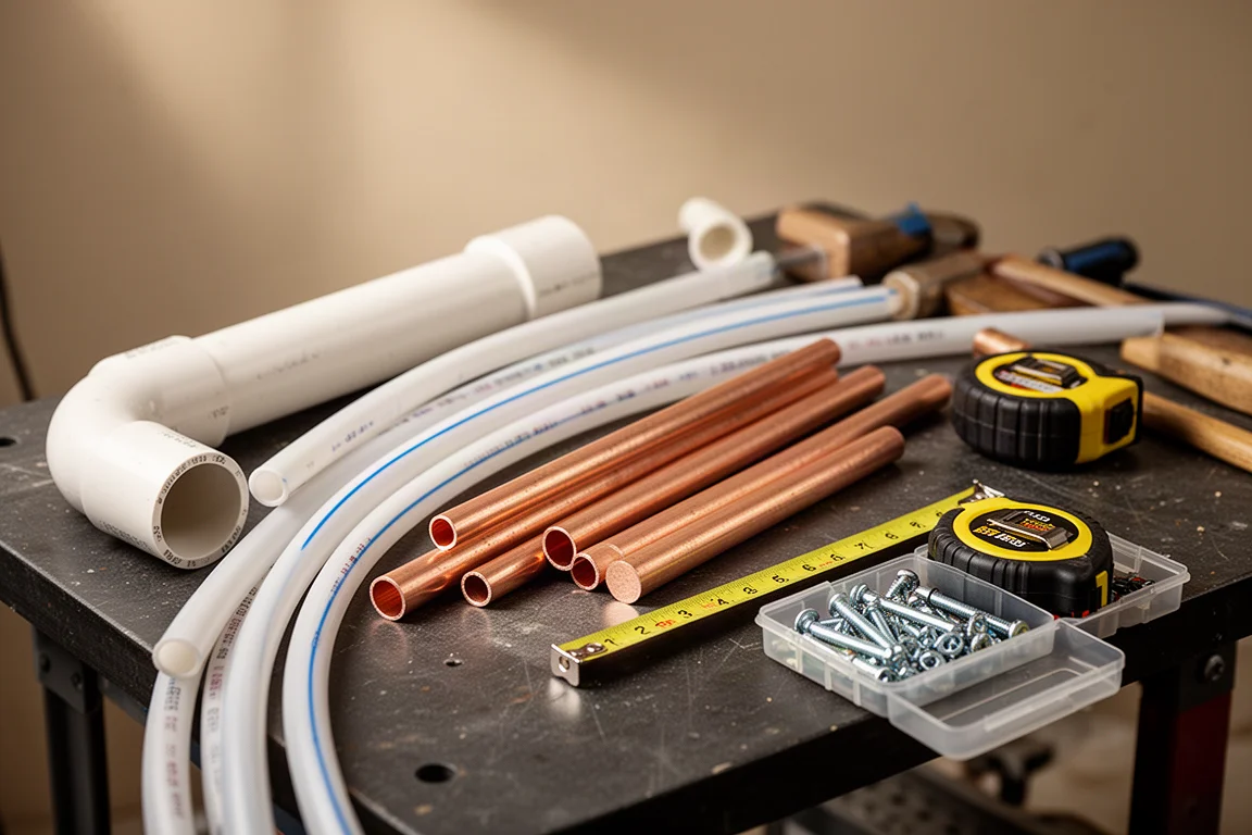 Bancada de encanador com conexões de cobre e pedaços de tubo de PVC sob luz suave de oficina