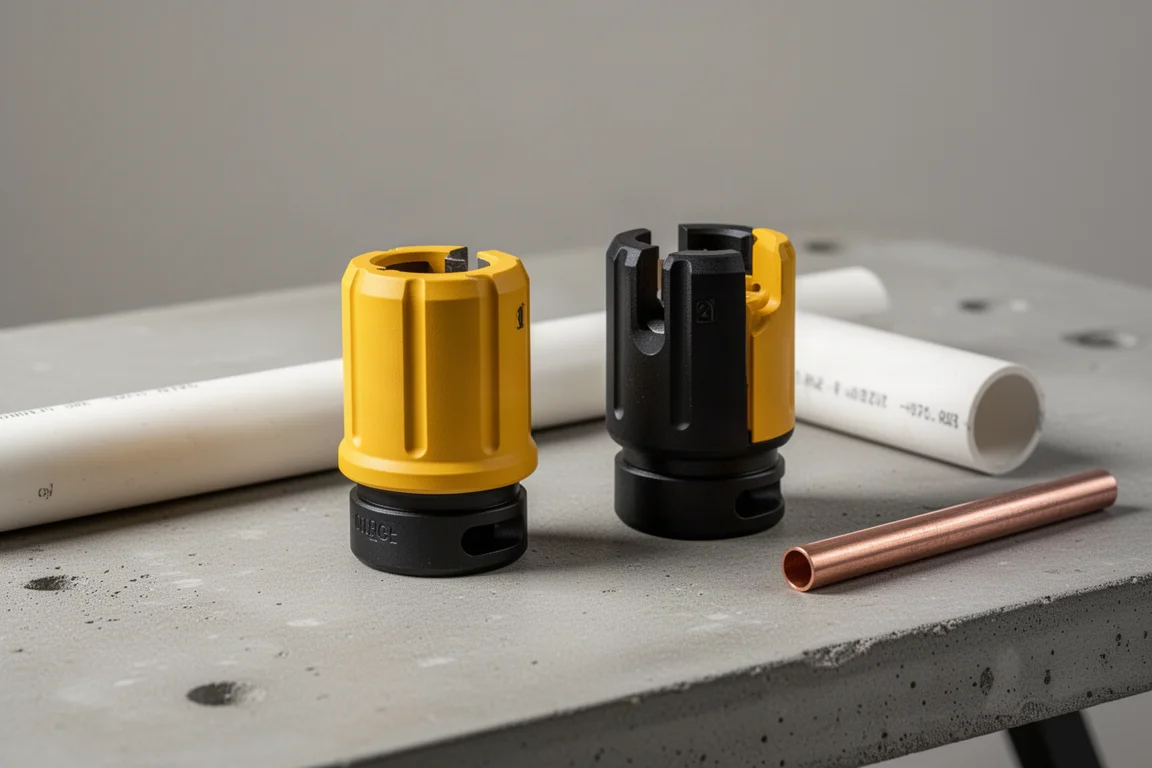 Dois acessórios cortadores de tubo DeWalt Impact Connect ao lado de seções de tubo de PVC e cobre sobre uma bancada de trabalho