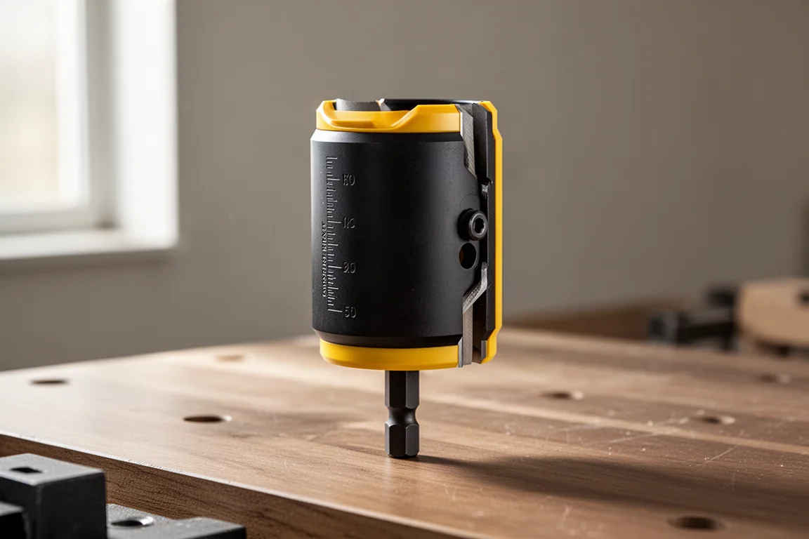 DeWalt Impact Connect PVC喉管切割器配件直立於木製工作台上