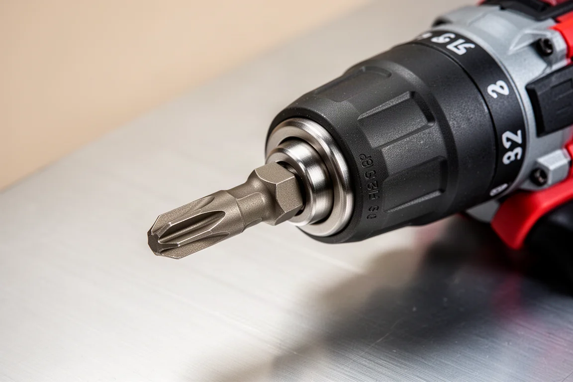 Close-up van een spanbus van een accuschroefmachine met een geplaatste bit, klaar om een bevestiging te verwerken