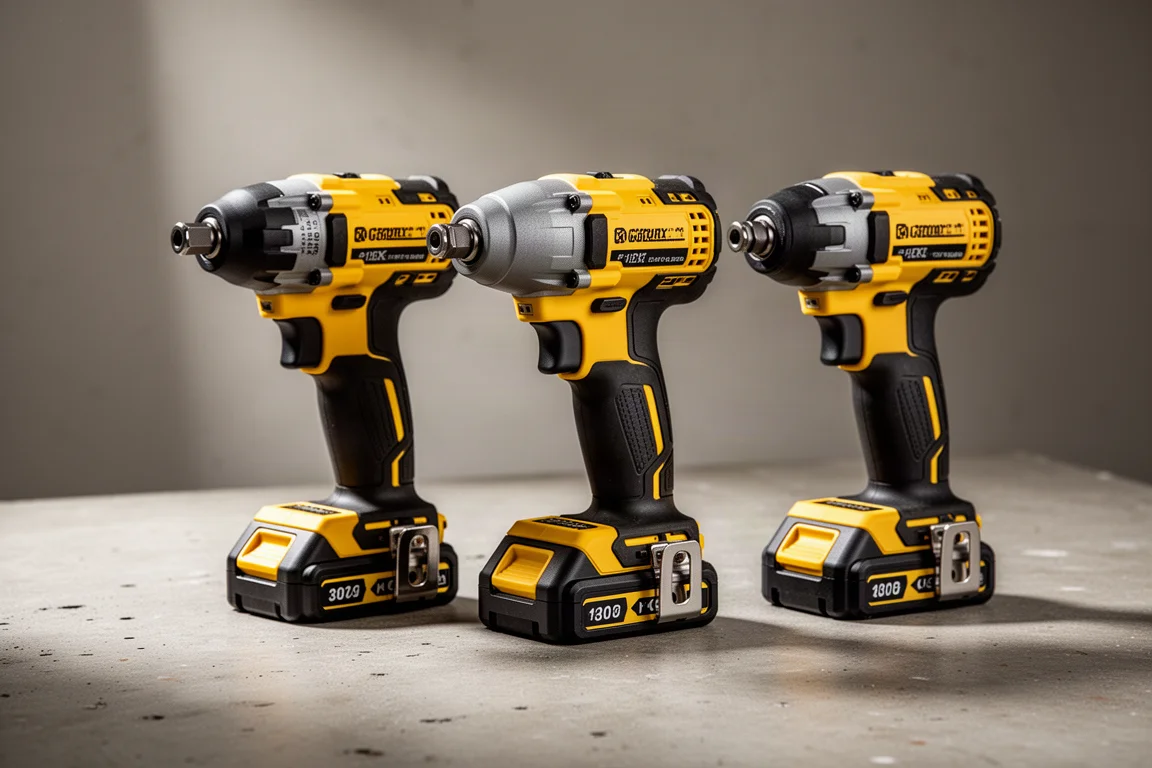 Drie gele en zwarte accuschroefmachines op een rij op een betonnen werkplaatsvloer