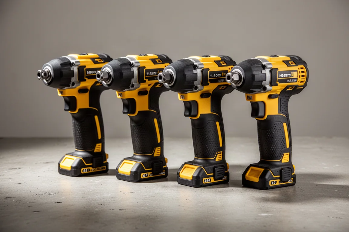Four DeWalt cordless impact drivers arranged in a row on a concrete workshop surface