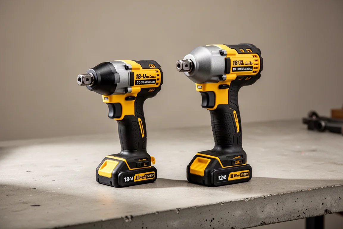 Two DeWalt impact wrenches side by side on a concrete workbench