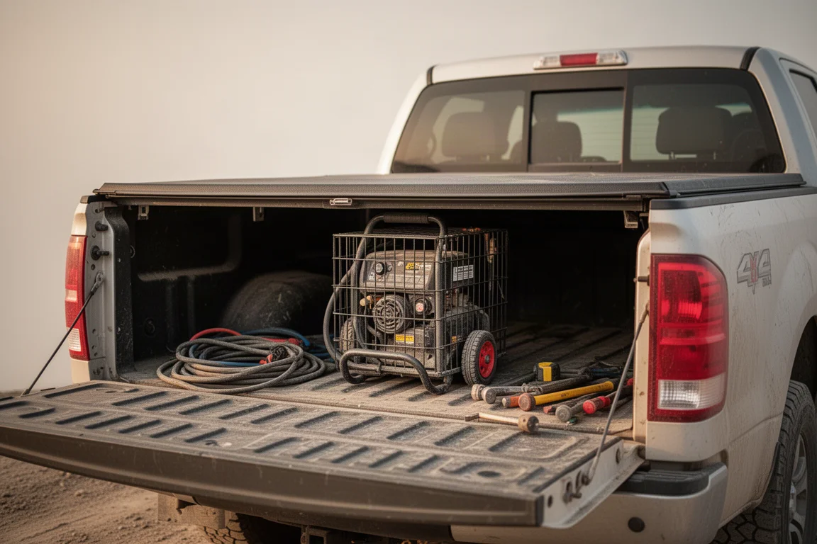 Cassone di un pick-up con portellone aperto che mostra lo stivaggio dell'attrezzatura