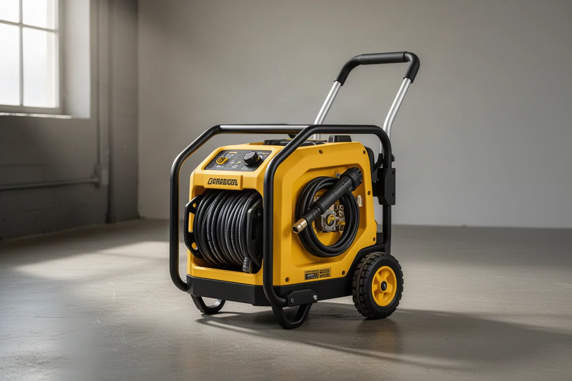 Idropulitrice da cantiere compatta gialla e nera con telaio a gabbia e tubi riposti su un pavimento di officina