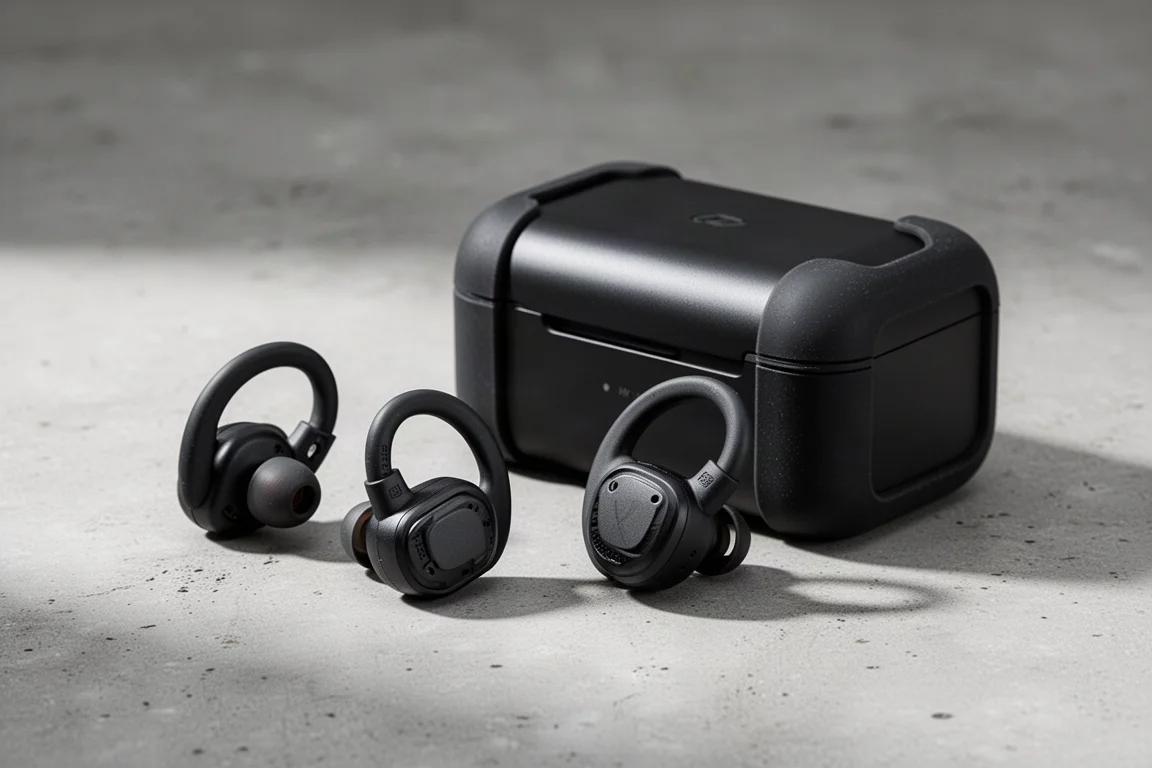 DeWalt open-ear earbuds and rugged charging case on a concrete surface