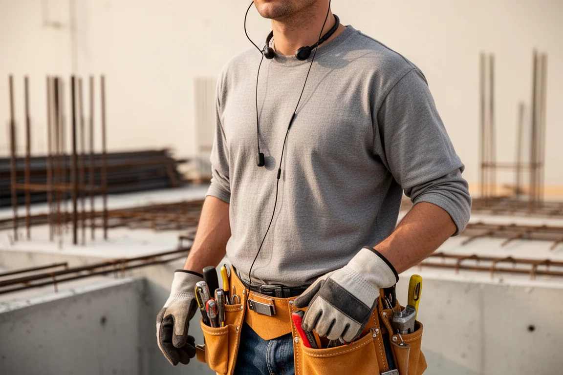 Worker wearing a neckband earphone system on an active jobsite