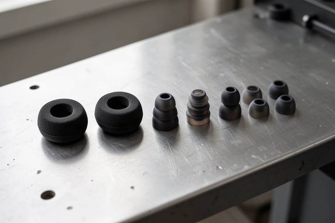 Assortment of interchangeable ear tips laid out on a workbench
