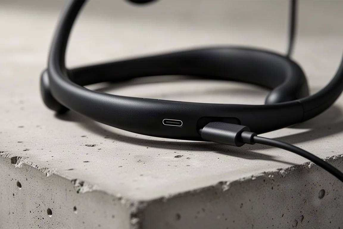 Close-up of a USB-C charging port on a neckband earphone collar