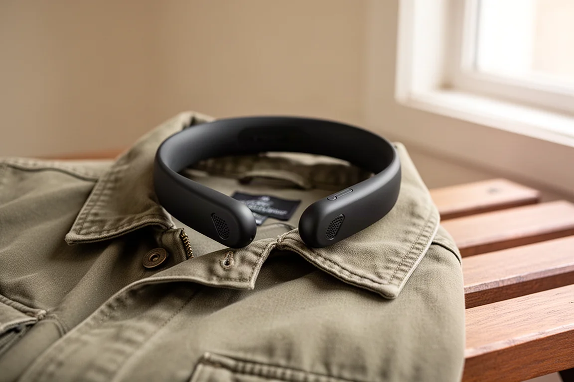 Two small speakers on a neckband playing audio outward