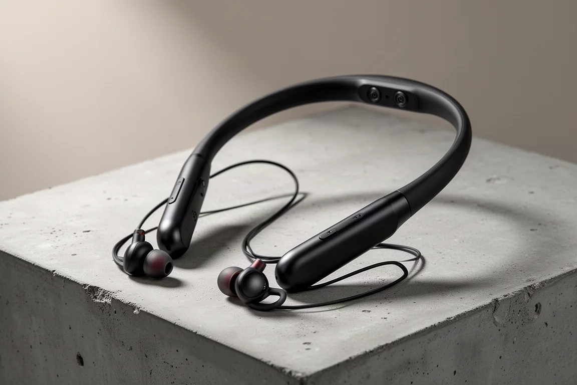 Słuchawki DeWalt Jobsite Pro Max Neckband Earphones with Speakers leżące na betonowej powierzchni