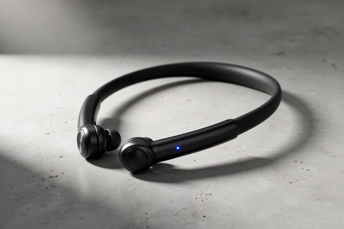 Black neckband earphone system with magnetic earbuds on a concrete surface