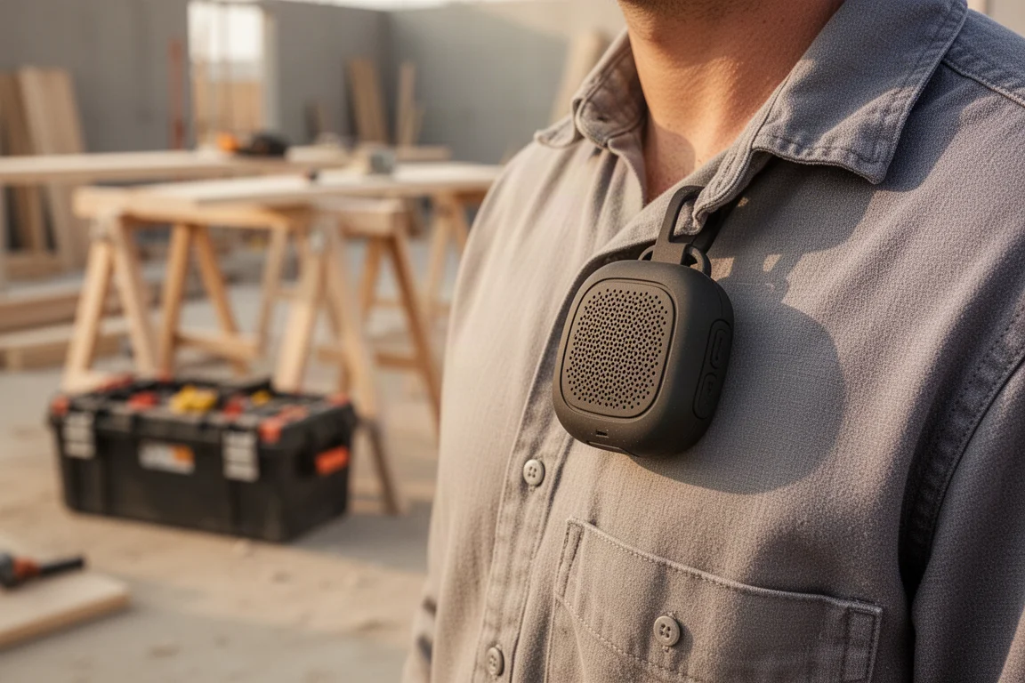 Wearable speaker clipped to a shirt lapel on a job site