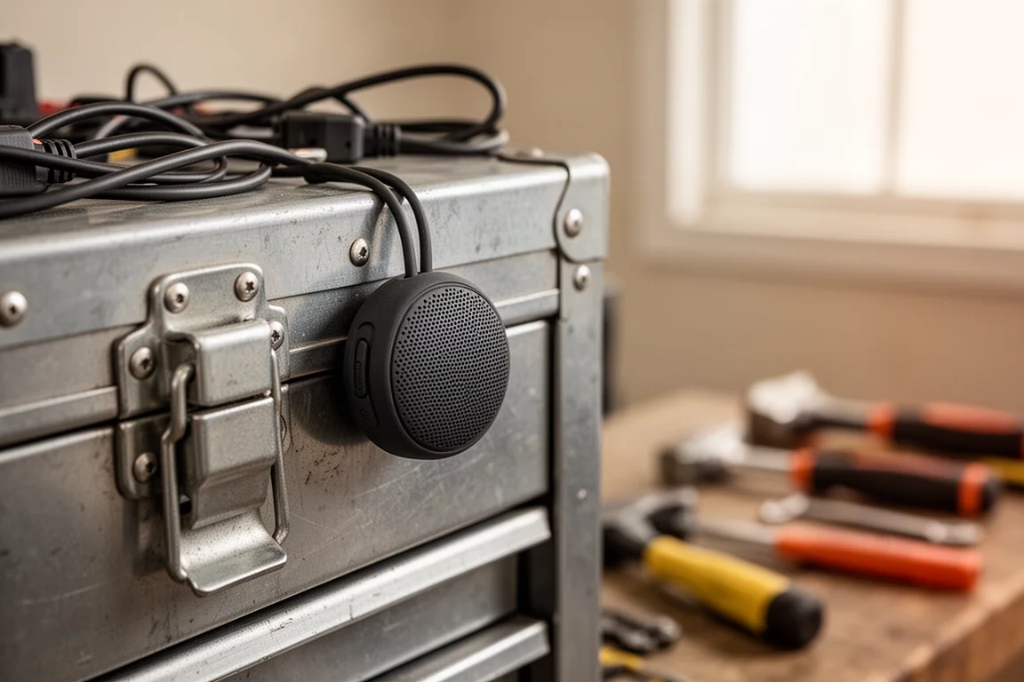 Speaker magnetically attached to a metal surface in a workshop