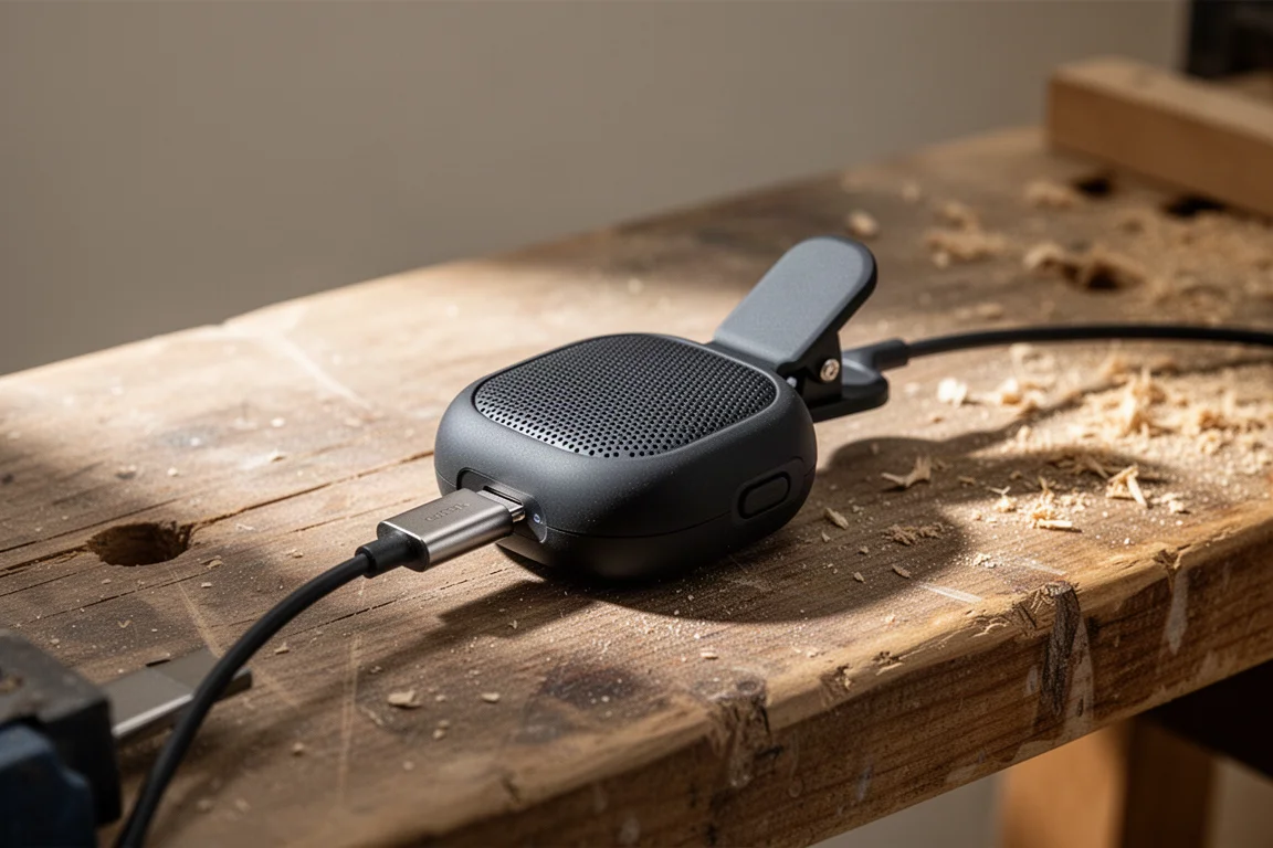 Wearable speaker charging over USB-C on a workbench