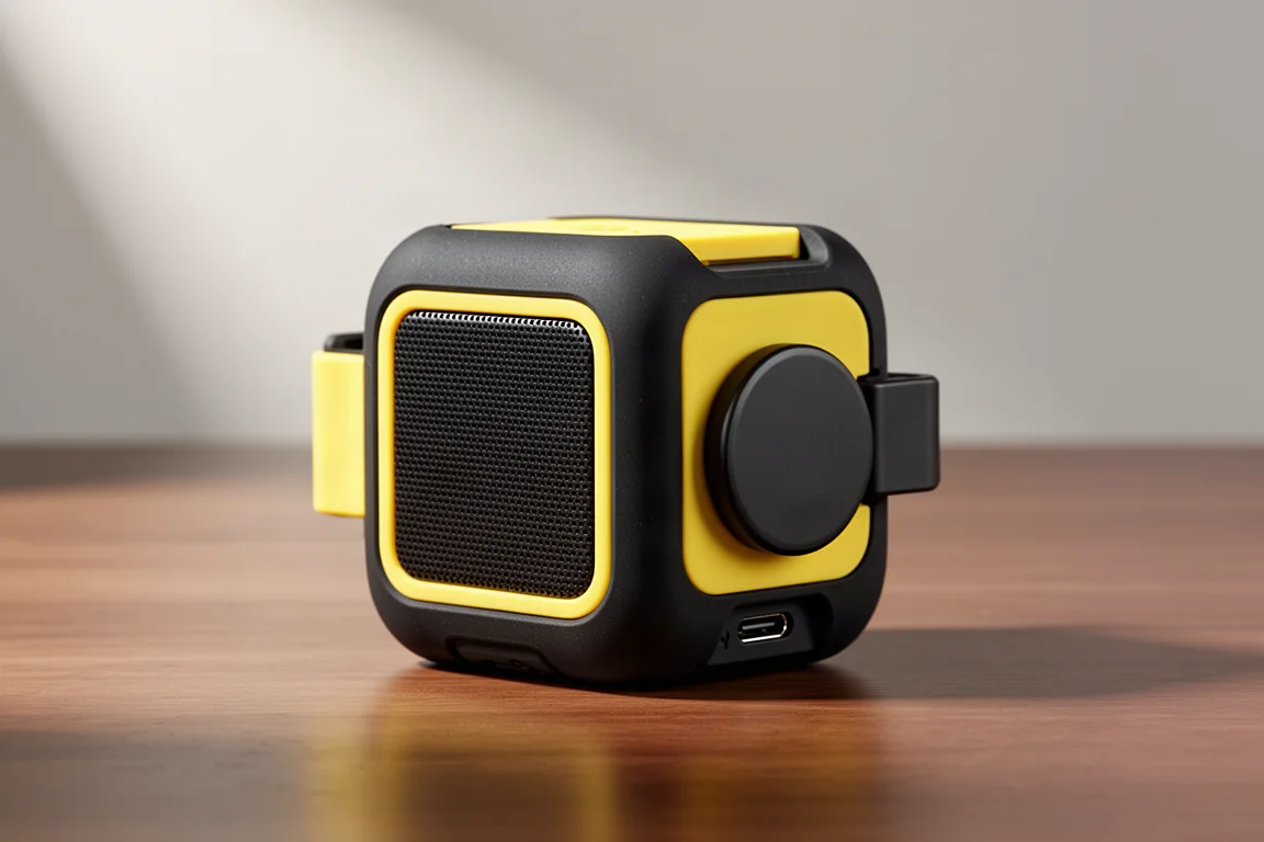 Kompakter clipbarer Wearable Speaker mit Magnet auf einer Betonoberfläche