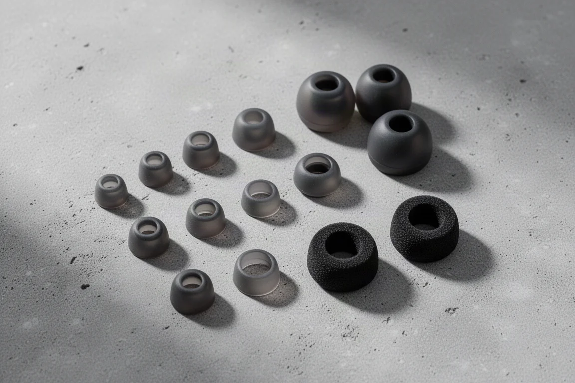 Close-up of small earbuds resting on a workbench next to a neckband