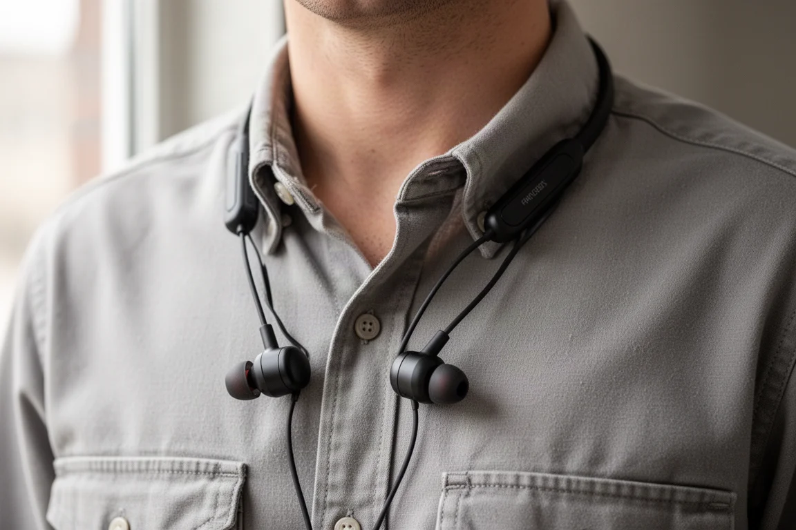 Neckband earbuds worn with over-ear hearing protection in a workshop
