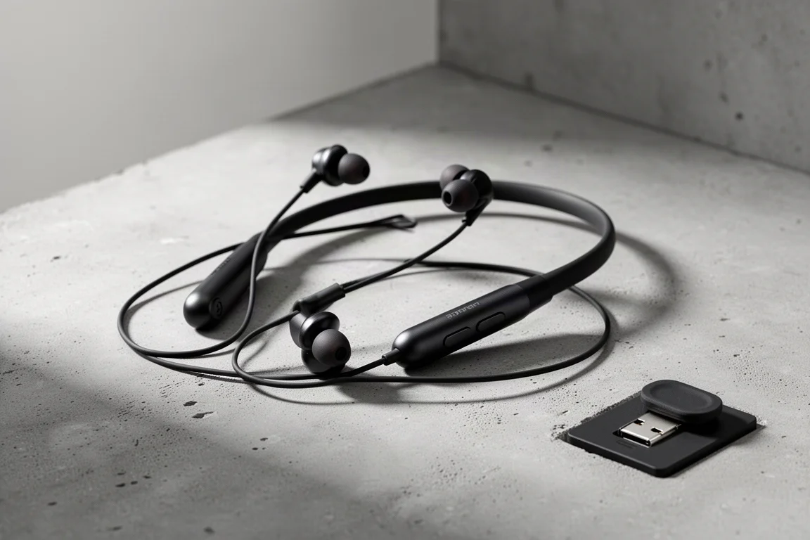 Wired earbuds connected to a slim black neckband resting on a concrete surface