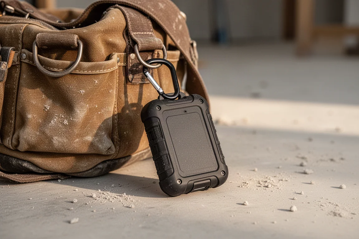 Robustes Ladeetui mit Karabinerschlaufe an einer Werkzeugtasche befestigt