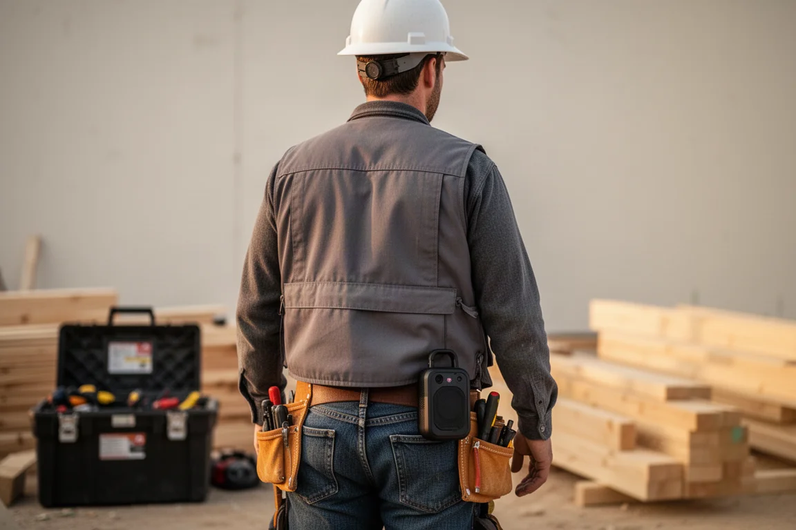 Arbeiter mit einem am Gürtel befestigten tragbaren Lautsprecher auf einer Baustelle