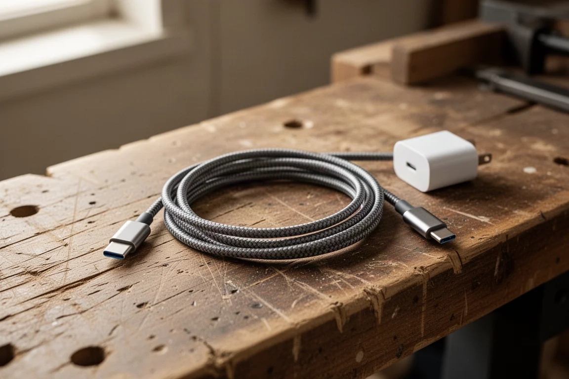 Nahaufnahme eines USB-C-zu-USB-A-Ladekabels auf einer Werkbank