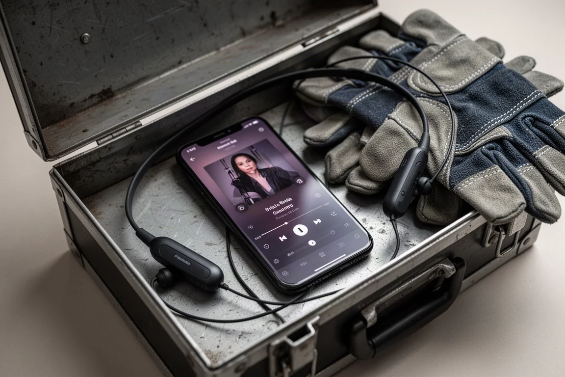 Bluetooth-Gerätesteuerung auf einem Smartphone-Bildschirm in einer offenen Werkzeugbox