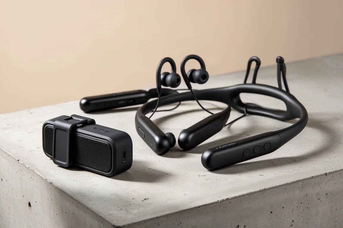 Three DeWalt wearable audio devices on a concrete surface