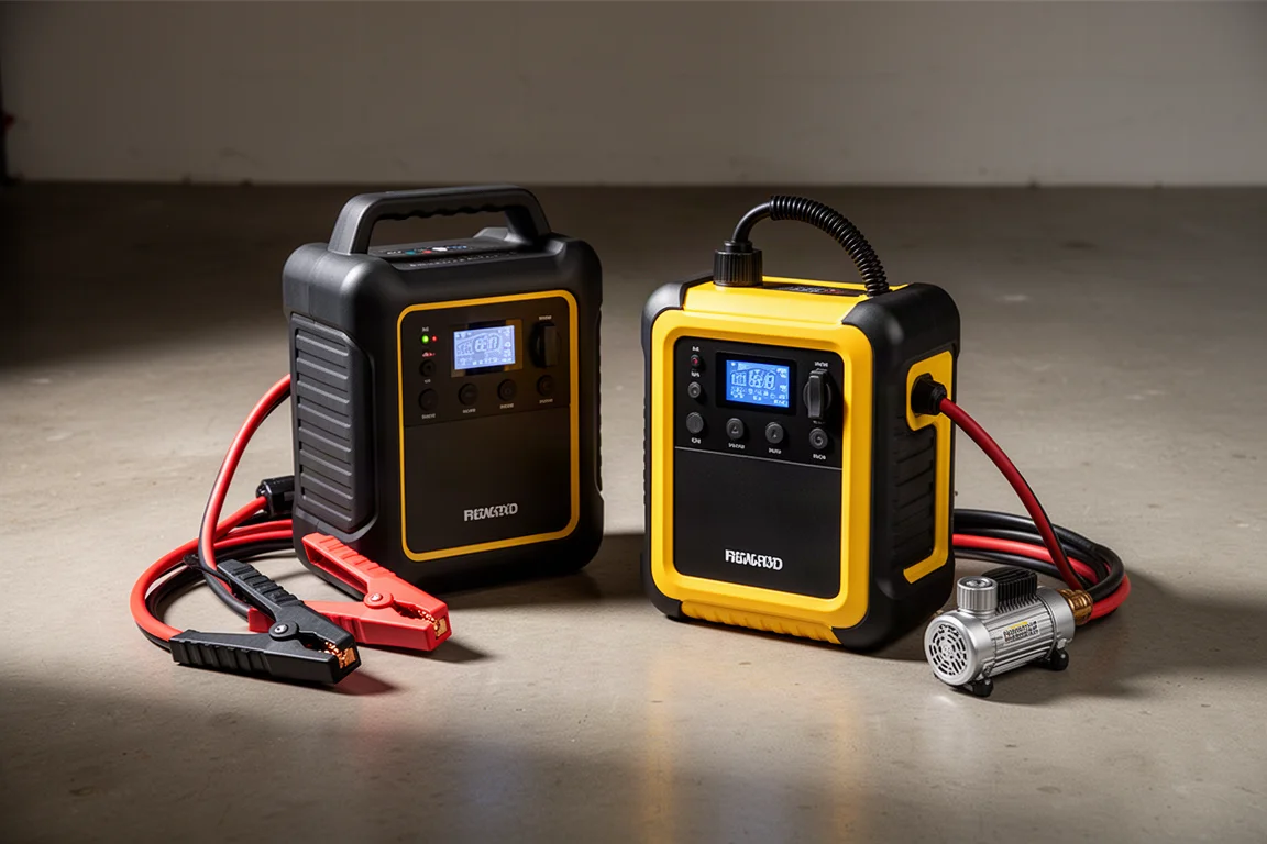 Two DeWalt jump starter units with clamps and compressor hose on a concrete floor