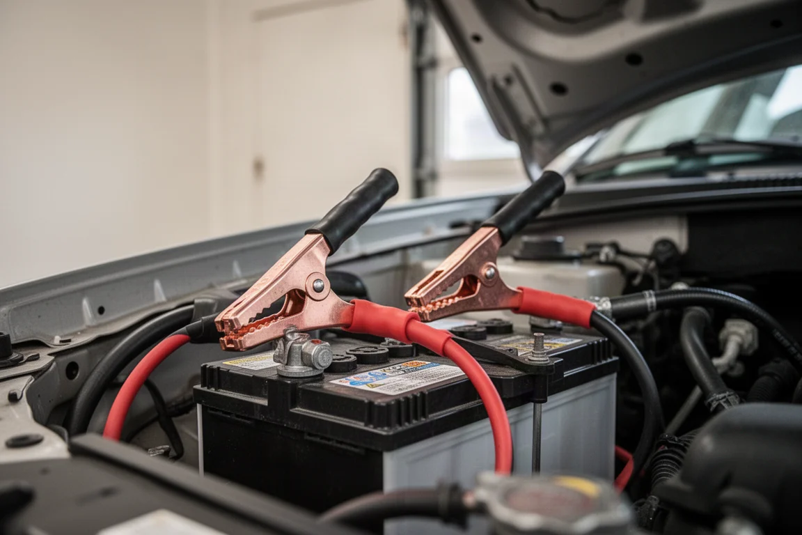 Heavy-duty battery charger clamps connected to a car battery in an open engine bay