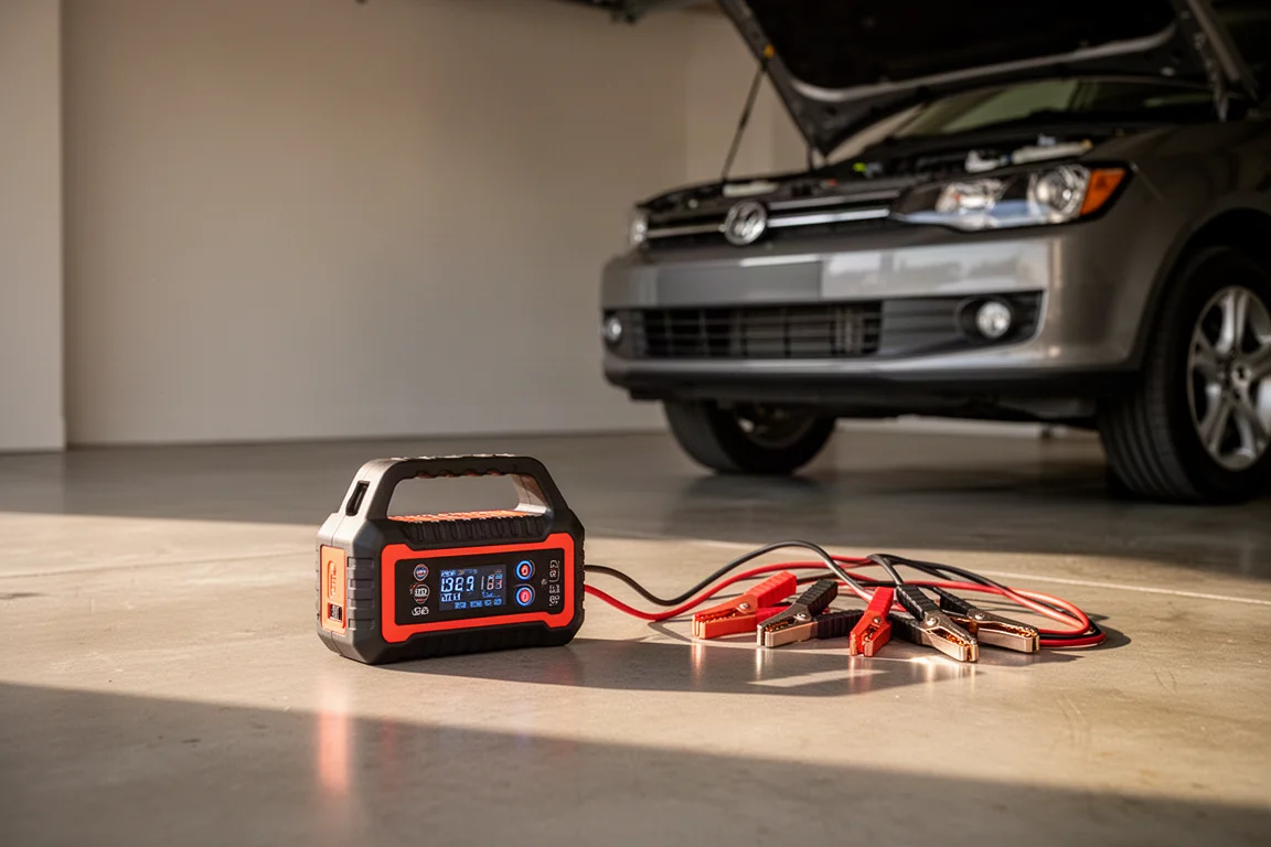Portable lithium jump starter resting on a garage floor next to an open car hood