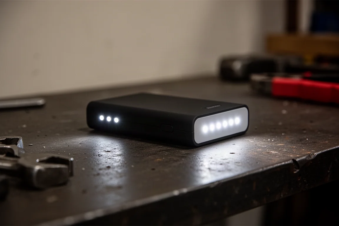 Slim pocket-sized jump starter with LED work light glowing in dim conditions