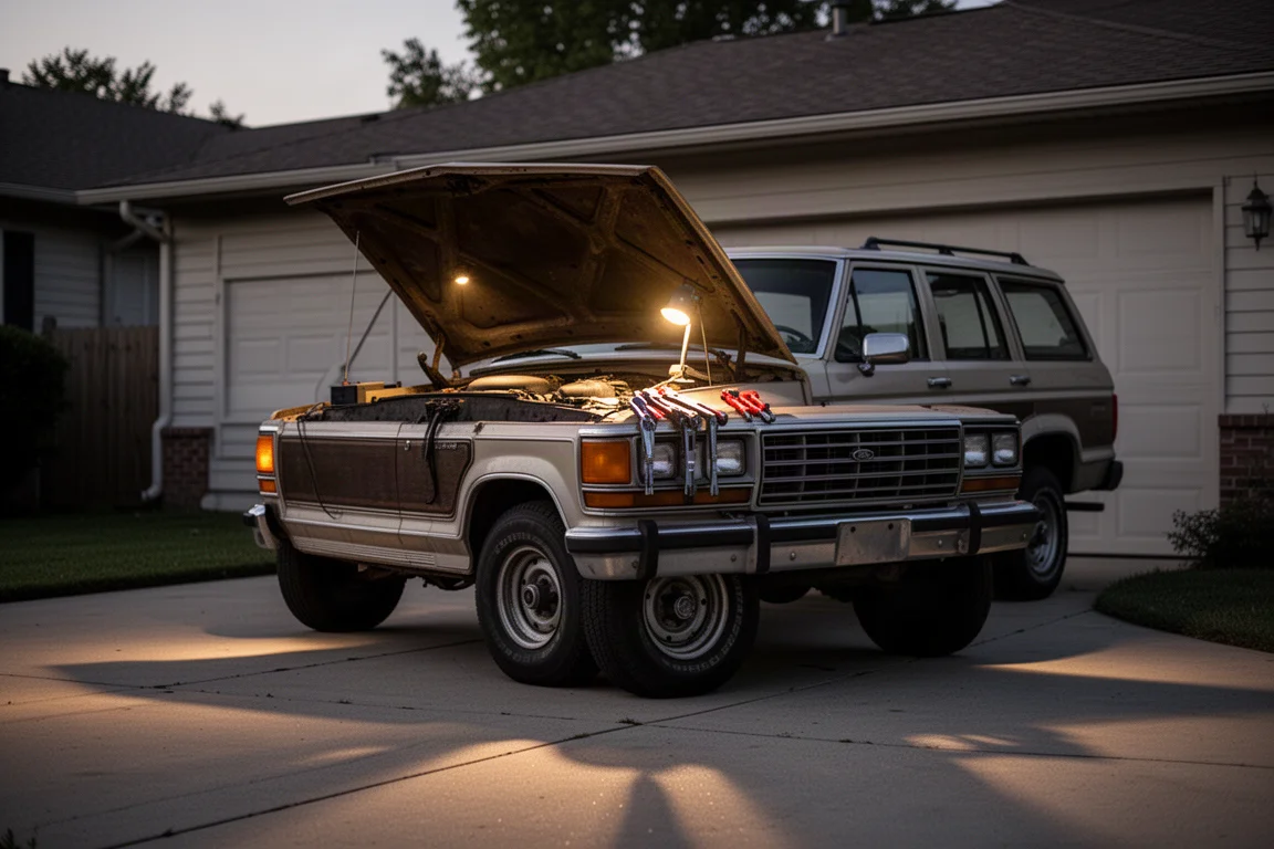 Open engine bay of an older Jeep at dusk with tools laid out on the fender