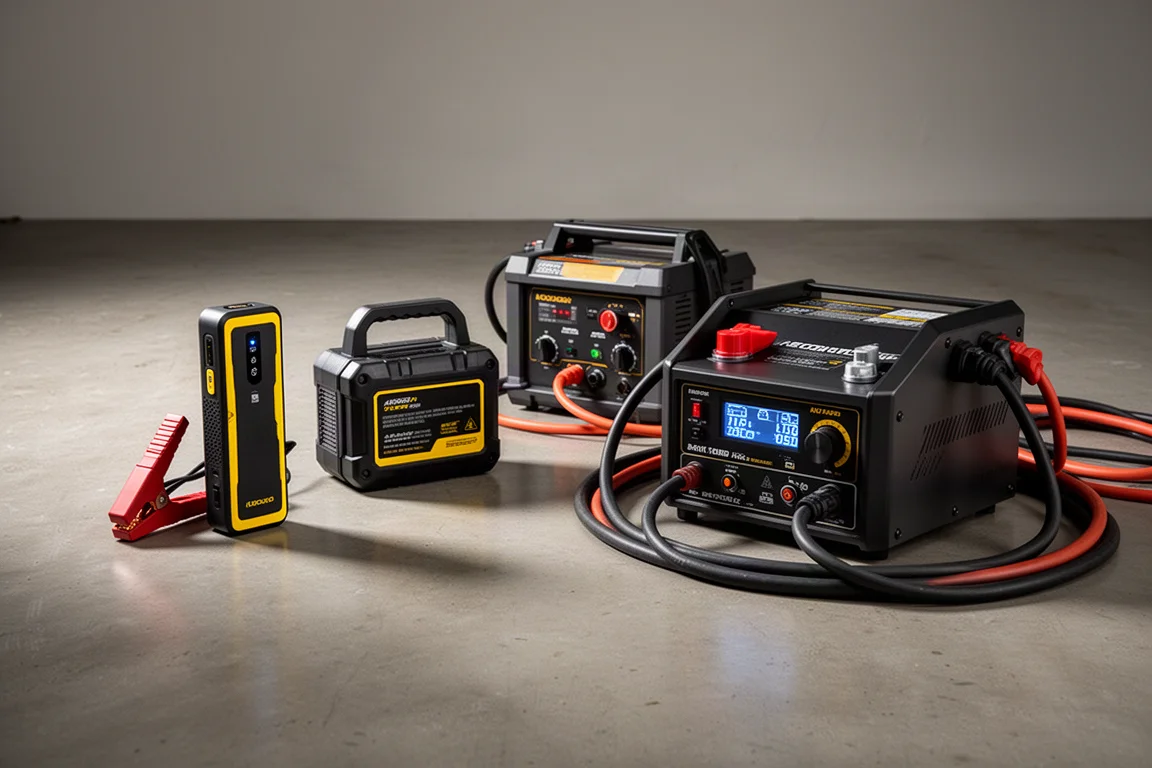 DeWalt jump starter, NOCO GB70, and two DeWalt battery chargers arranged on a concrete garage floor