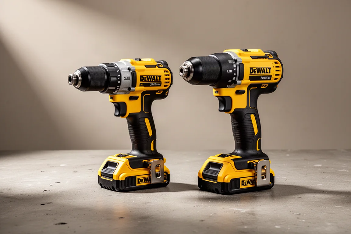 DeWalt hammer drill and impact driver combo kit with compact batteries on a workshop surface