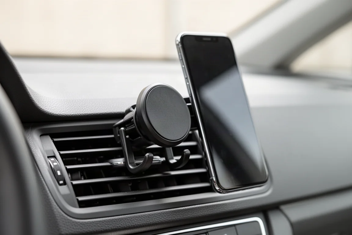 Soporte magnético para teléfono sujeto a una rejilla de ventilación del coche con un teléfono acoplado