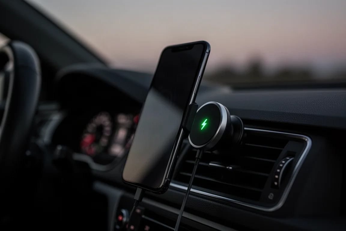 Teléfono inteligente acoplado a un cargador magnético dentro de un coche al atardecer