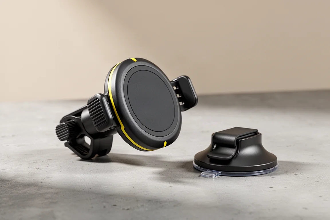 DeWalt magnetic vent dash mount charger with its vent clamp and adhesive base on a concrete surface